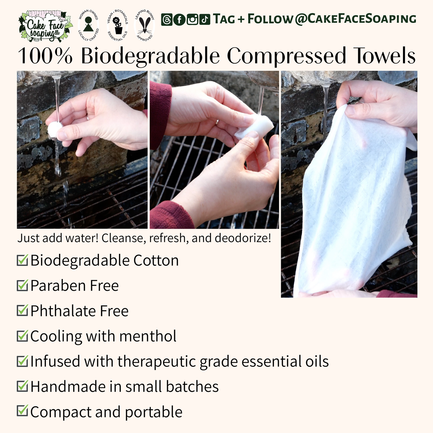 Compressed Towels Muscle Aches Just add water. 100% Cotton biodegradable with essential oils and menthol