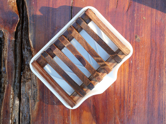 Wooden soap dish with silicone draining dish