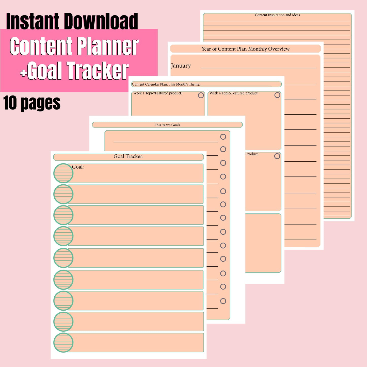 Content Planner + Goal Tracker Instant Download